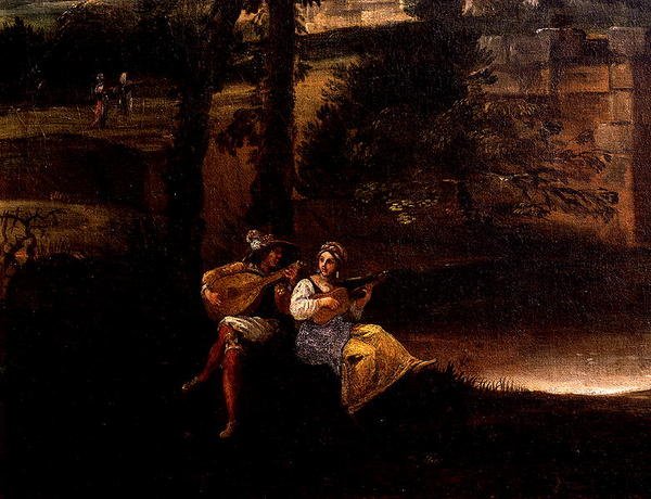 Romersk landskab med en bro (olie på lærred) (detaljer fra 186429 og 186430) af Annibale Carracci