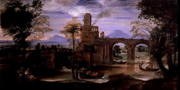 Romersk landskab med en bro (olie på lærred) (se også 186430 & 186431) af Annibale Carracci