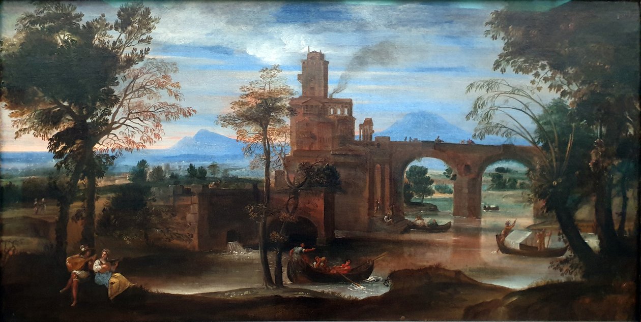 Romersk flodlandskab med fort og bro af Annibale Carracci