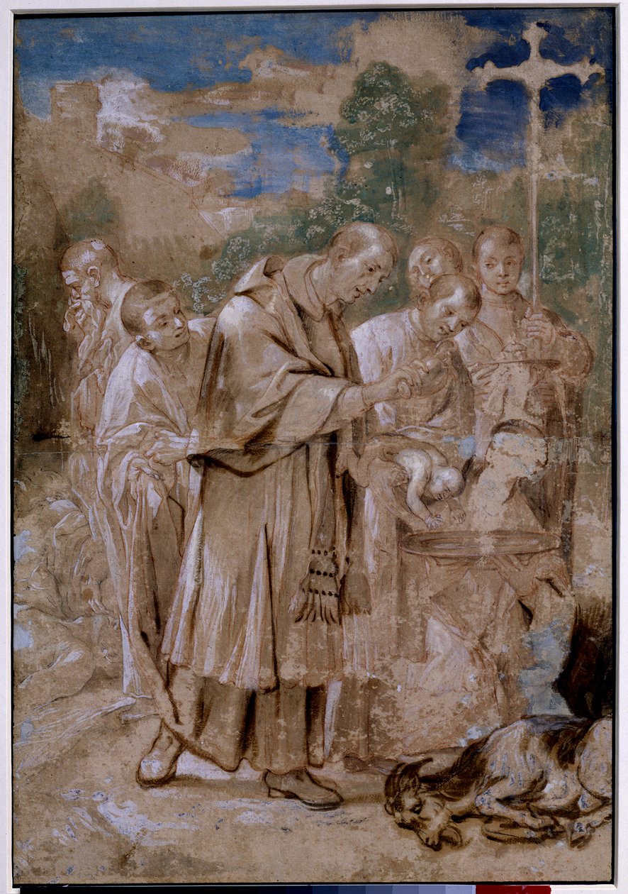 Saint Charles Borromee døber et barn. De døde får og skitserne af lag af kroppe ved siden af, som en mand lukker næsen for ikke at indånde lugten, tyder på, at tegningen forestiller Milano Saint Charles Borromees bue (Carlo Borromeo) af Annibale Carracci
