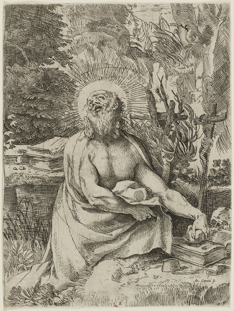 Sankt Hieronymus i vildmarken, ca. 1591 (radering med gravering på lagt papir, iiiiv) af Annibale Carracci