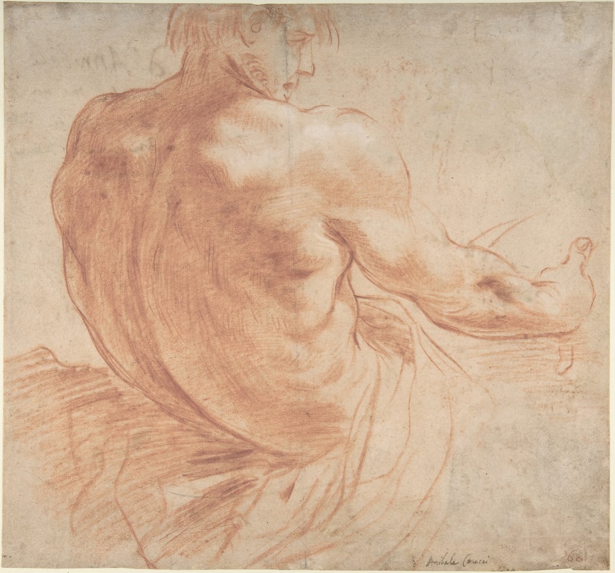 Siddende ung mand vendt mod højre, set bagfra af Annibale Carracci