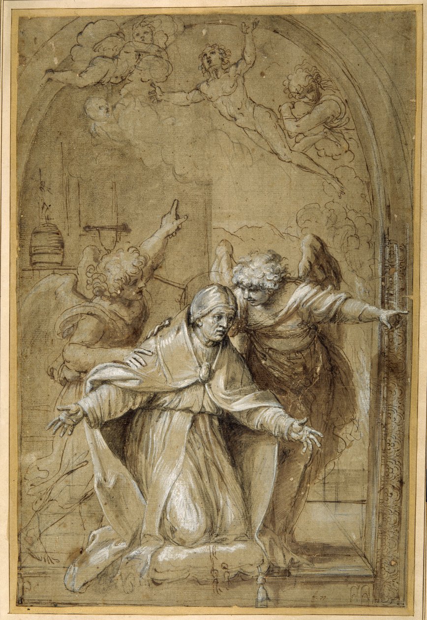 St Gregory deltog af engle, der beder for sjæle i skærsilden (pen og brunt blæk med brun vask og forhøjning) af Annibale Carracci