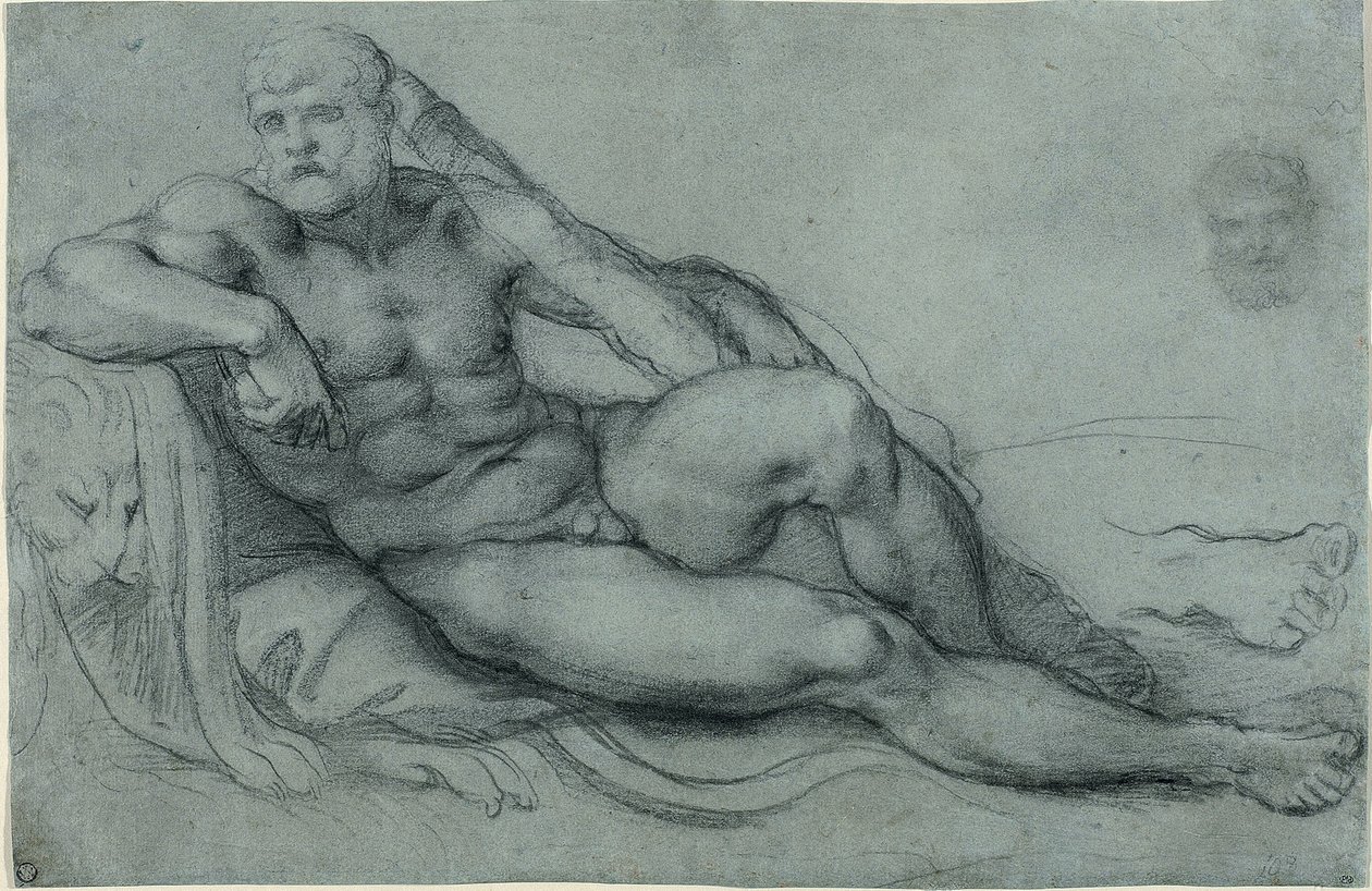 Studie af Hercules, der hviler, med separate studier af hans hoved og fod (recto); Rektangulært gitterdesign (verso) af Annibale Carracci