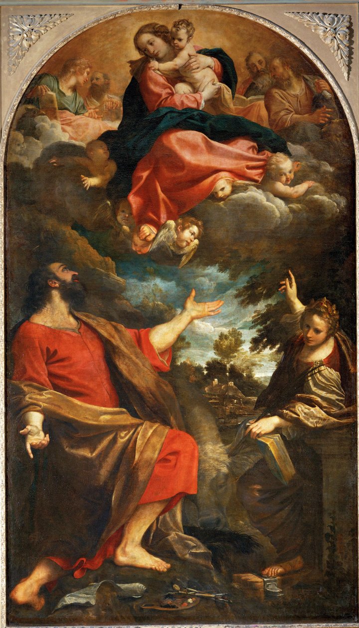 Jomfruen viser sig for Sankt Lukas og Sankt Katarina ... af Annibale Carracci