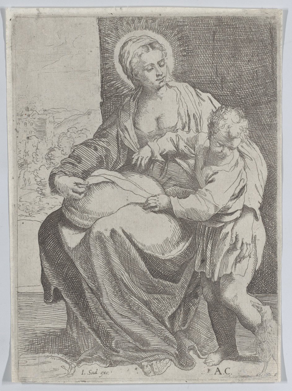 Jomfruen sad med en pude på skødet med den unge Kristus stående til højre..., 1580-1600. af Annibale Carracci