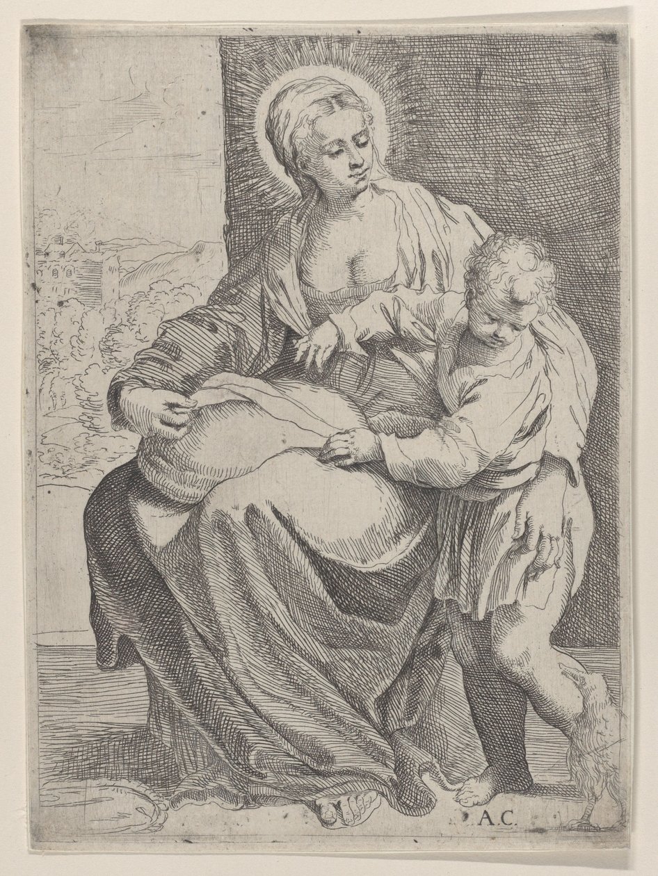 Jomfruen sad med en pude på skødet med den unge Kristus stående til højre..., 1580-1600. af Annibale Carracci