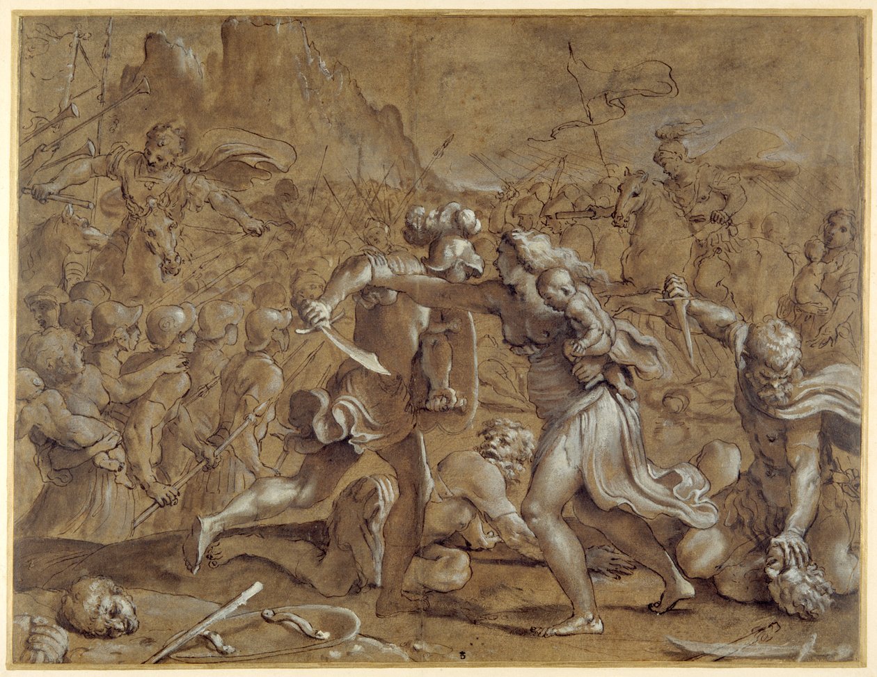 Kampen mellem romerne og sabinerne (pen og blæk med vask og gouache på papir) af Annibale Carracci