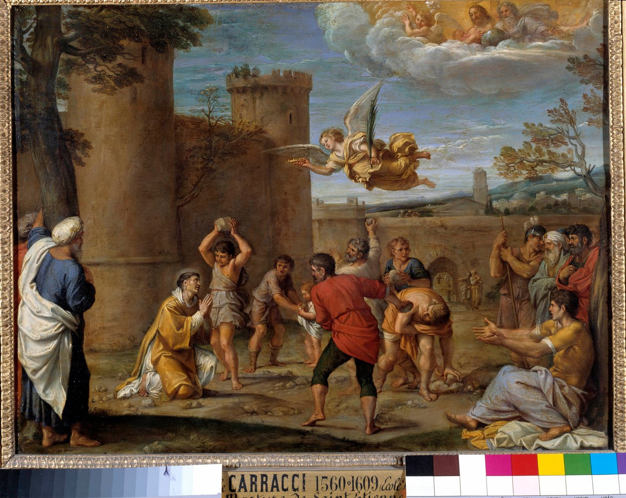 Steningen af St. Stephen: St. Stephen (Stephane), var den første kristne martyr, der døde ved stening i 36 e.Kr. JC. Maleri af Annibale Carracci eller Annibal Carrache (1560-1609). 16. århundrede. Dim 0,42 x 0,54 m Paris, af Annibale Carracci