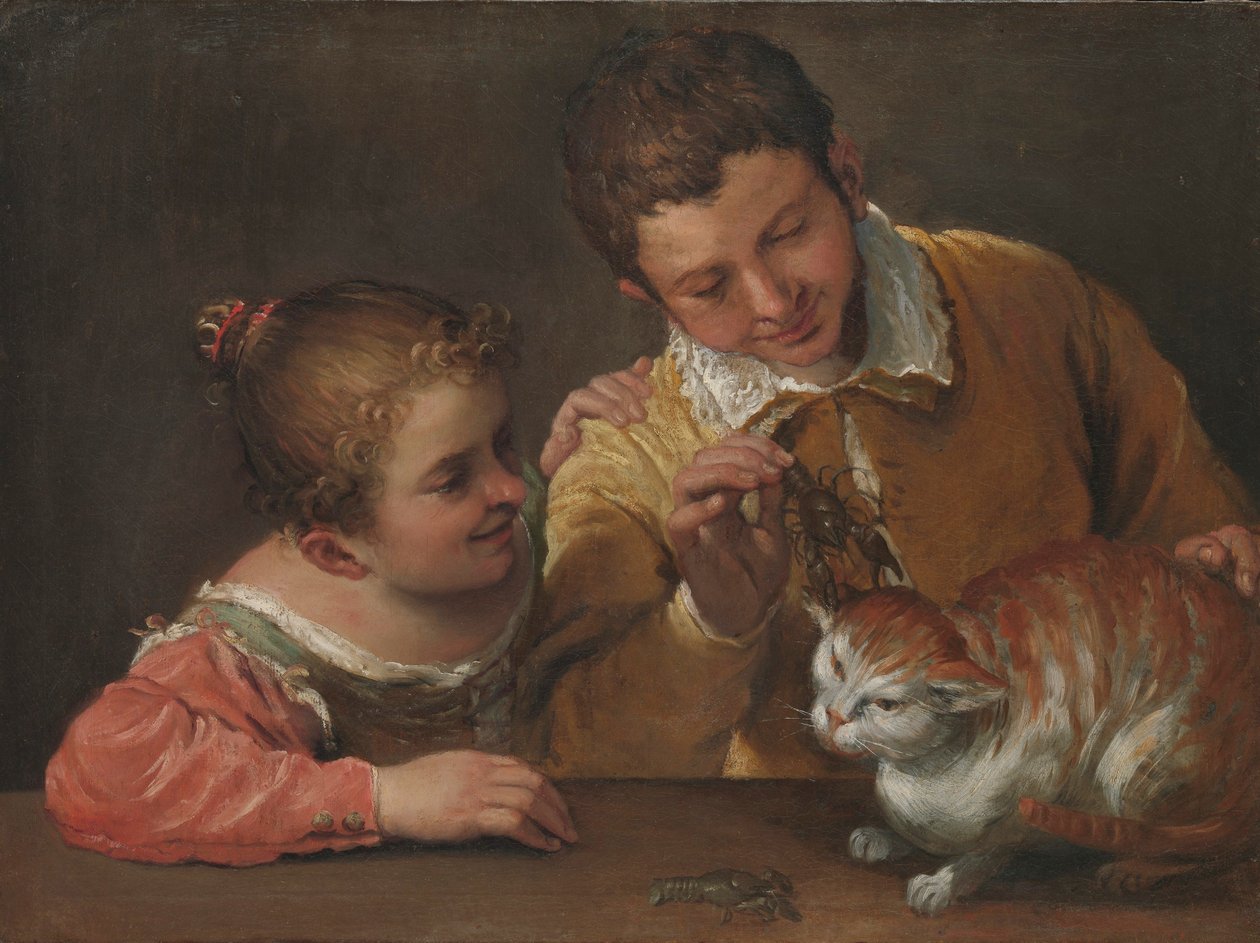 To børn driller en kat (olie på lærred) af Annibale Carracci