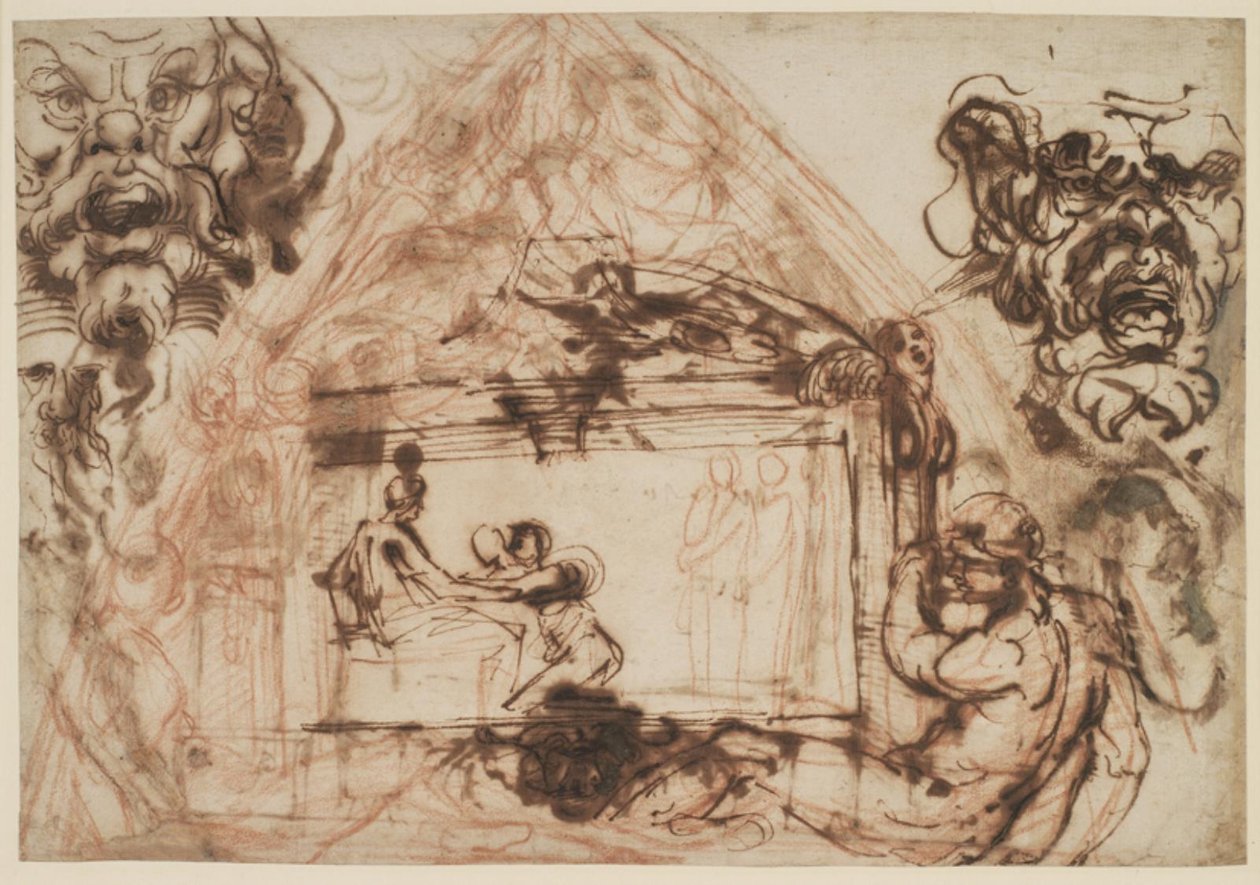 Udkast til udsmykningen af en hvælvkappe. Til Galleria Farnese, Palazzo Farnese i Rom. Desuden udkast til to mascheroni af Annibale Carracci