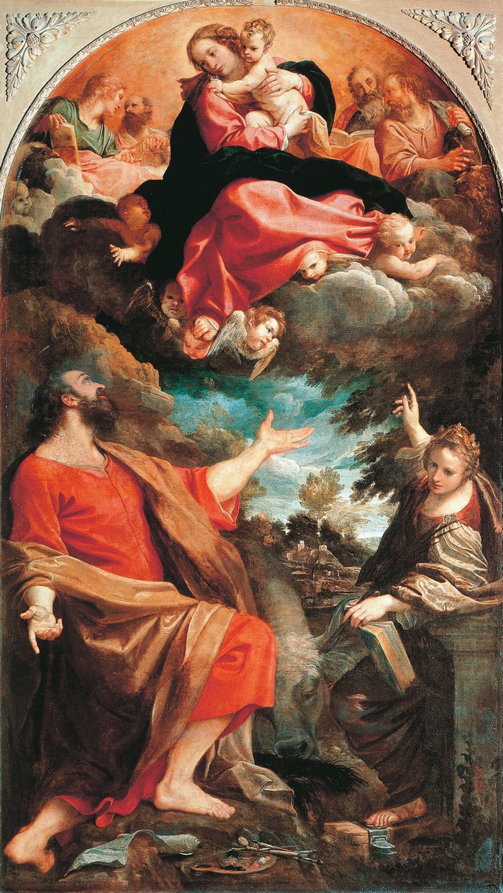 Jomfru viser sig for de hellige Luke og Catherine af Annibale Carracci (1560-1609), olie på lærred, 401x226 cm, ca. 1592 af Annibale Carracci