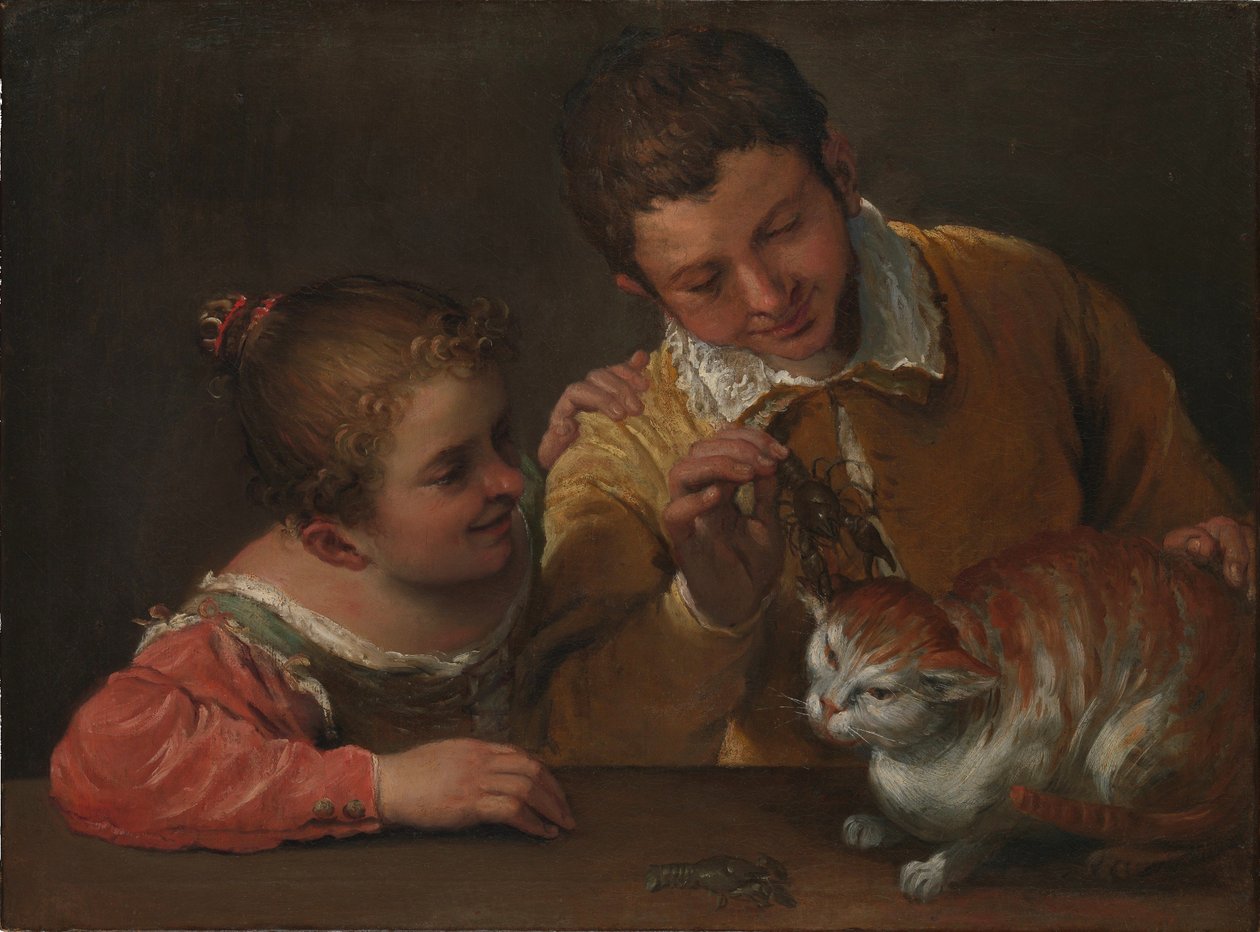 daTo børn, der driller en kat af Annibale Carracci