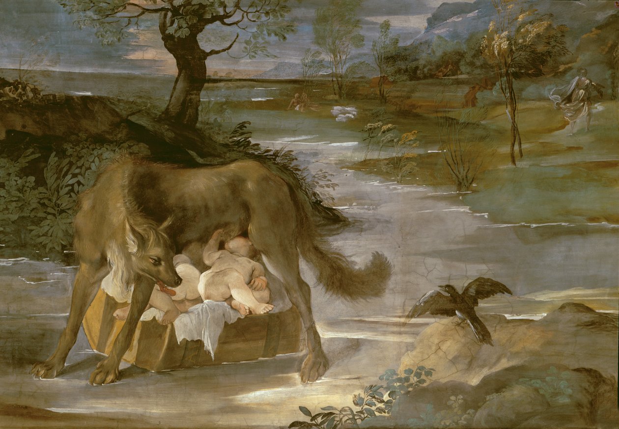 Hun-ulven, der dier Romulus og Remus, fra historien om Romulus cyklus, ca. 1590 af Annibale Copy Carracci
