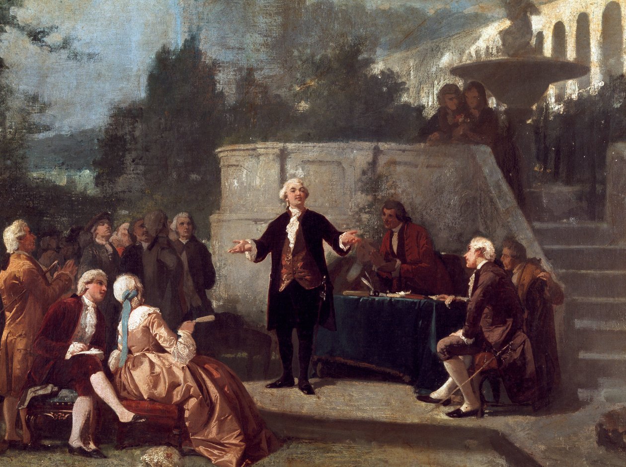 Den italienske dramatiker Carlo Goldoni (1707-1793) erklærer en sonet foran medlemmerne af Colonia Alfea (svarende til Academy of Arcadia i Pisa) i Scotto Garden of Pisa Maleri af Annibale Gatti (1828 - 1909) af Annibale Gatti