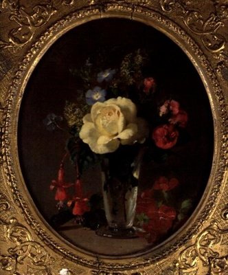 Still Life of a Yellow Rose, Mignonette og Fuchsias (olie om bord) af Annie Feray Mutrie