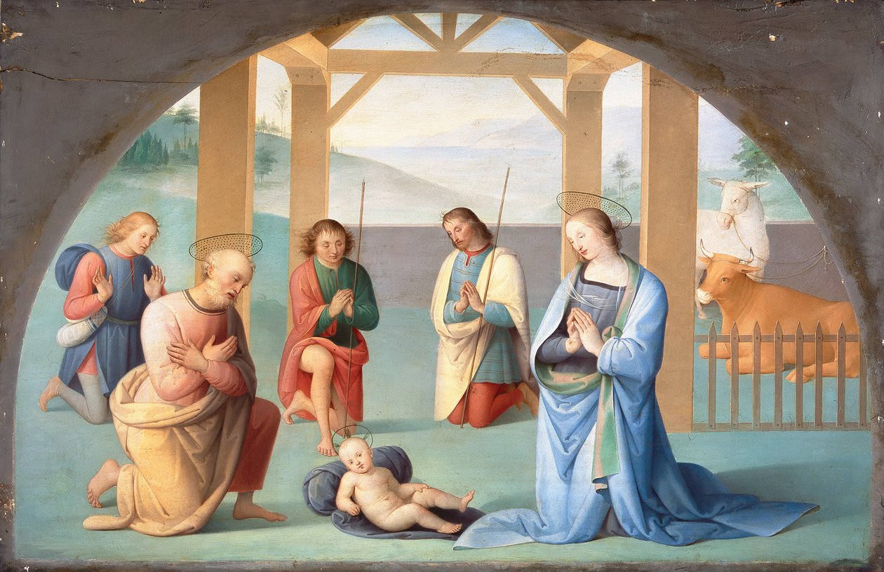 Tilbedelse af Kristusbarnet (efter Perugino), ca. 1844-1933 (olie på lærred) af Annie Louisa Swynnerton