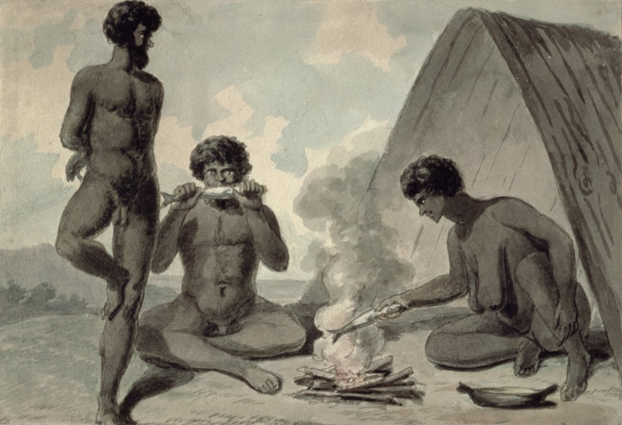 Aboriginerne spiser fisk foran et lejrbål, muligvis af Philip Gidley King (1758-1808) af Unbekannt Unbekannt