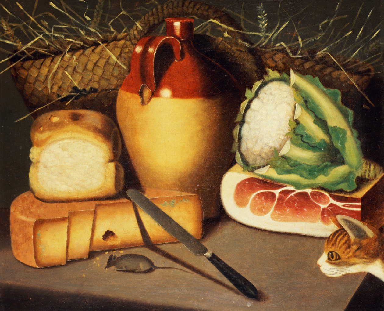 Kat, mus, bacon og ost, ca. 1820 af Unbekannt Unbekannt