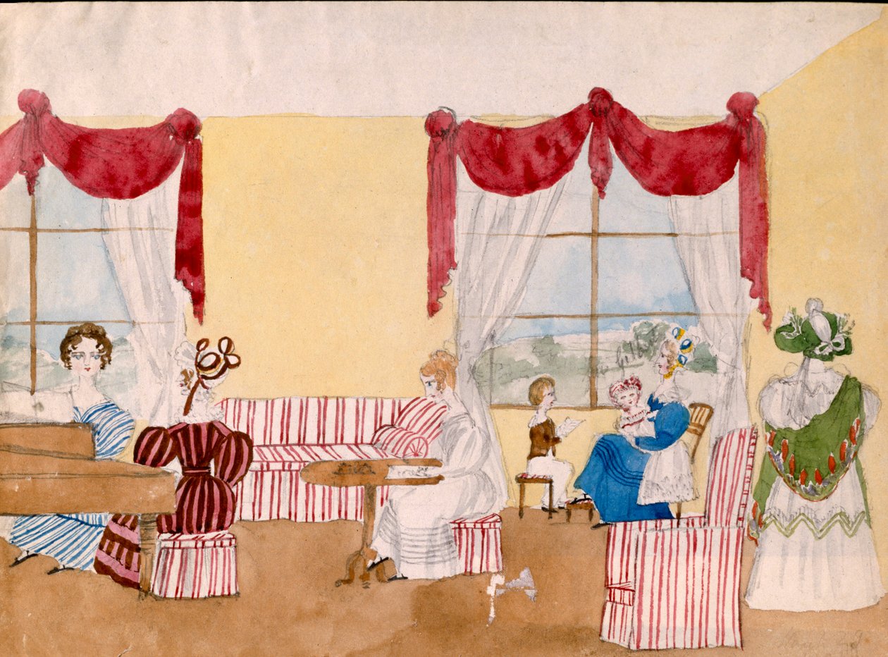 Interiør med kvinder og børn, ca.1830, britisk, akvarel af Unbekannt Unbekannt