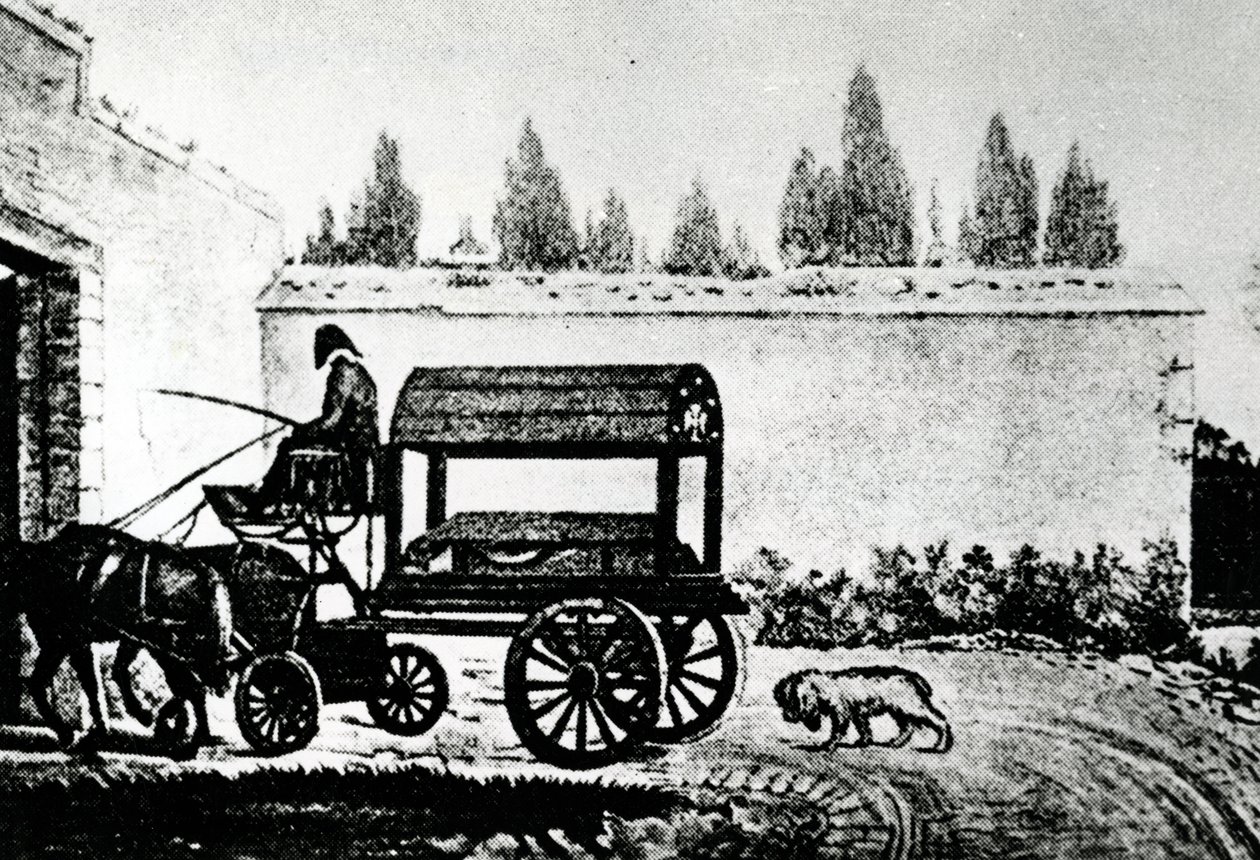 Mozarts kiste fulgt af en hund, ca. 1791 af Unbekannt Unbekannt