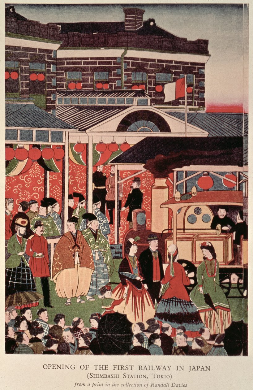 Åbning af den første jernbane i Japan (Shimbashi Station, Tokyo), 1800-tallet (tryk) af Unbekannt Unbekannt