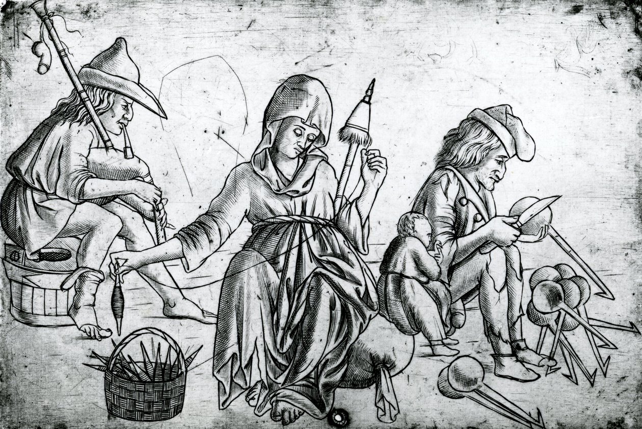 Scene med en musiker, der spiller på sækkepiber, en kvinde, der spinder, og en mand, der udskærer skeer af Unbekannt Unbekannt