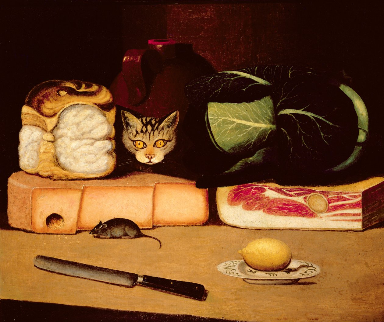 Stilleben med kat og mus, Primitive School, 1820 af Unbekannt Unbekannt