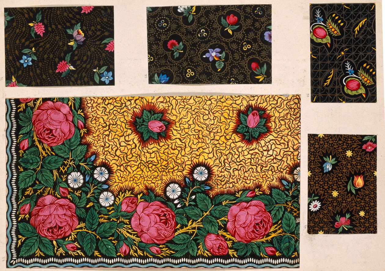 Tekstildesign, Pink Roses med ekstra farveswags. Fransk, begyndelsen af 1800-tallet af Unbekannt Unbekannt