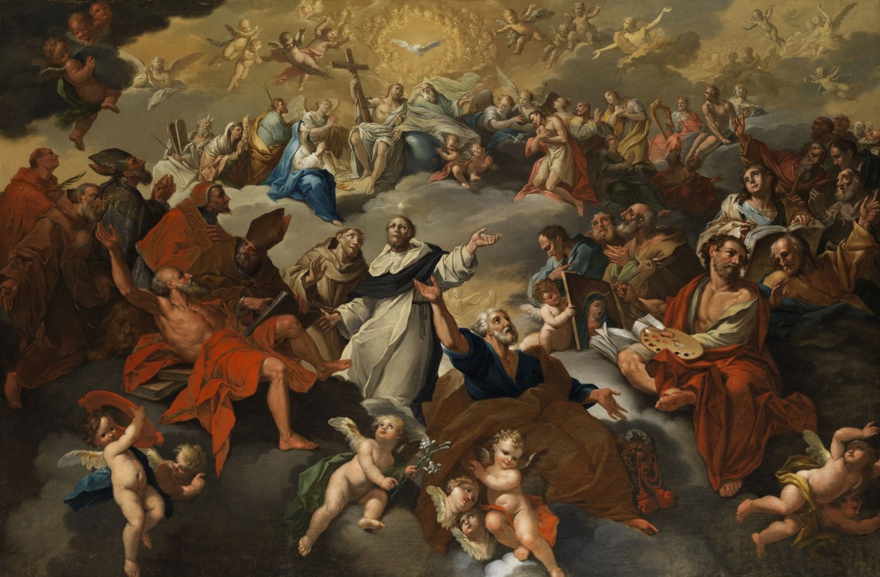 Hellig forsamling i paradis med apoteose af St. Dominic og Francis. af Unknown