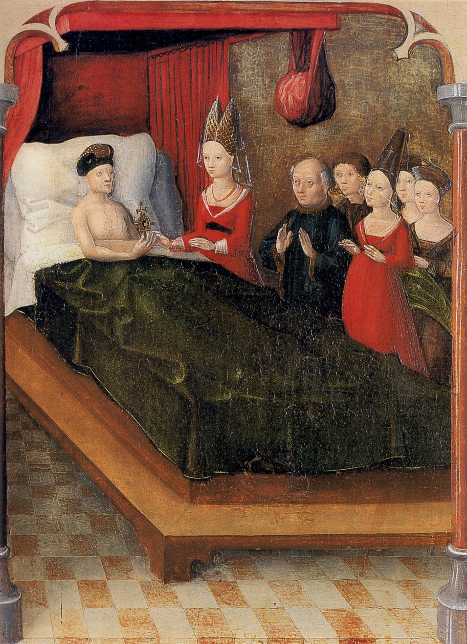 Weingartener Heilig-Blut-Tafel fra 1489. Landesmuseum Württemberg, Stuttgart.   Plade 20: Ved sin død testamenterede grev Balduin levn til sin datter Judith af Unknown