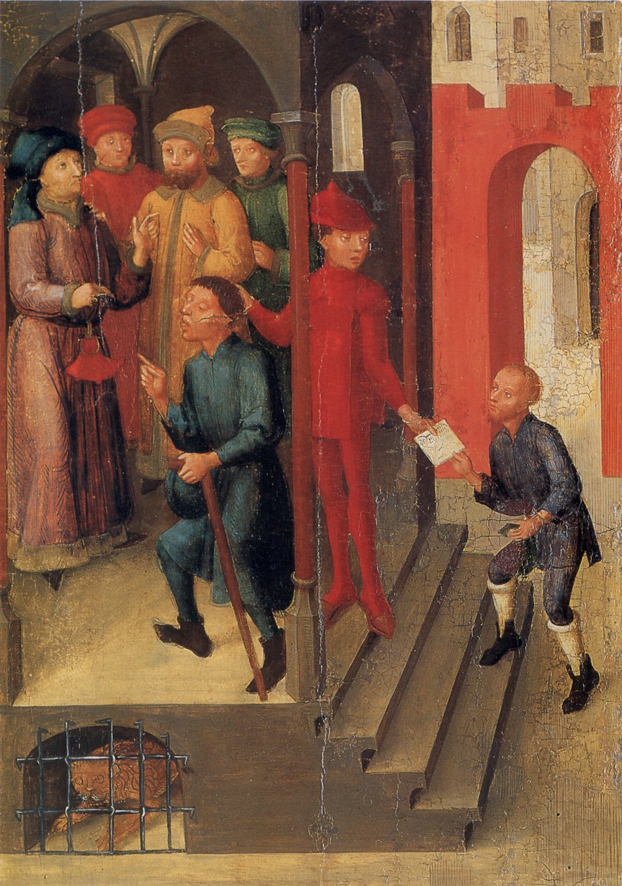 Weingartener Heilig-Blut-Tafel fra 1489. Landesmuseum Württemberg, Stuttgart.   Plade 10: Adilbero rapporterer den guddommelige åbenbaring til mantuaernes bemærkelsesværdige (ifølge legenden i 1048) af Unknown