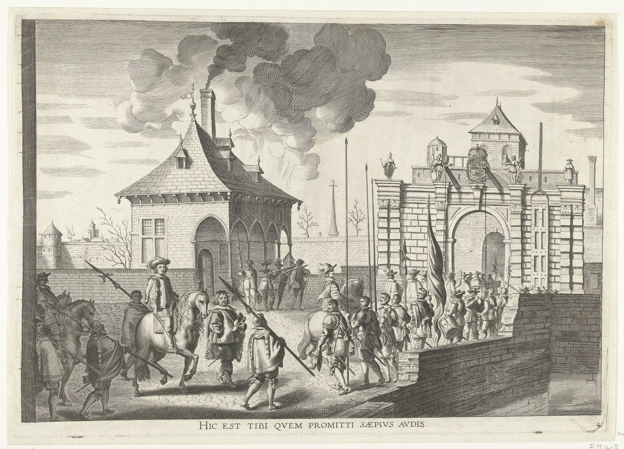 Aankomst bij de Brugse portt van Gent; intocht van Ferdinand te Gent i 1635 (nr. 4) Her er den, du ofte hører lovet (titel på objekt) Porten til Brugens, hvor Ser. Kardinalen kom ind i byen af Anonymous