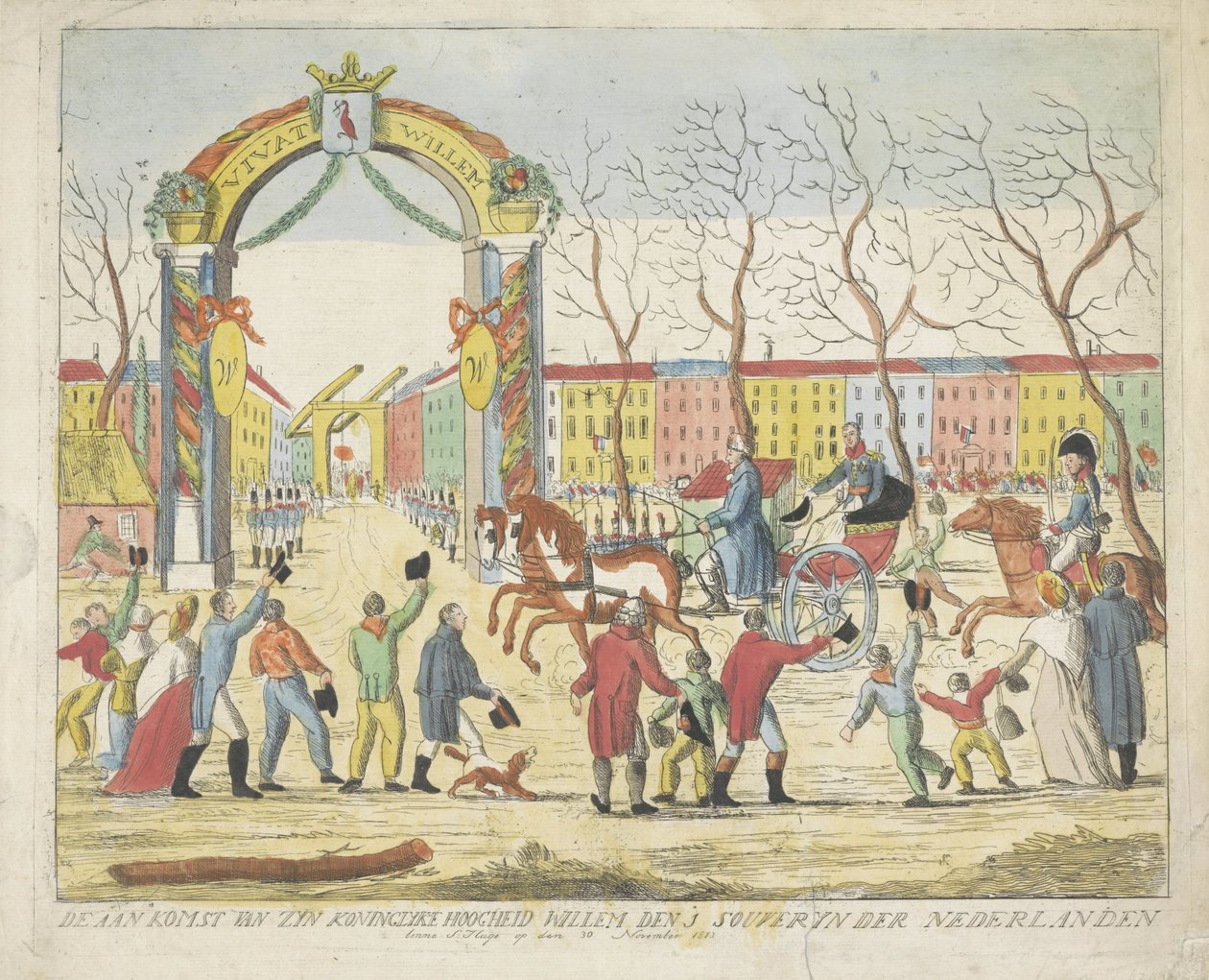 Prinsen af ​​Oranges ankomst til Haag, 1813 Hans Kongelige Højhed Willems ankomst den 1 souveryn der Nederlanden benne S: Hage den 30. november 1813 (titel på objektet) af Anonymous