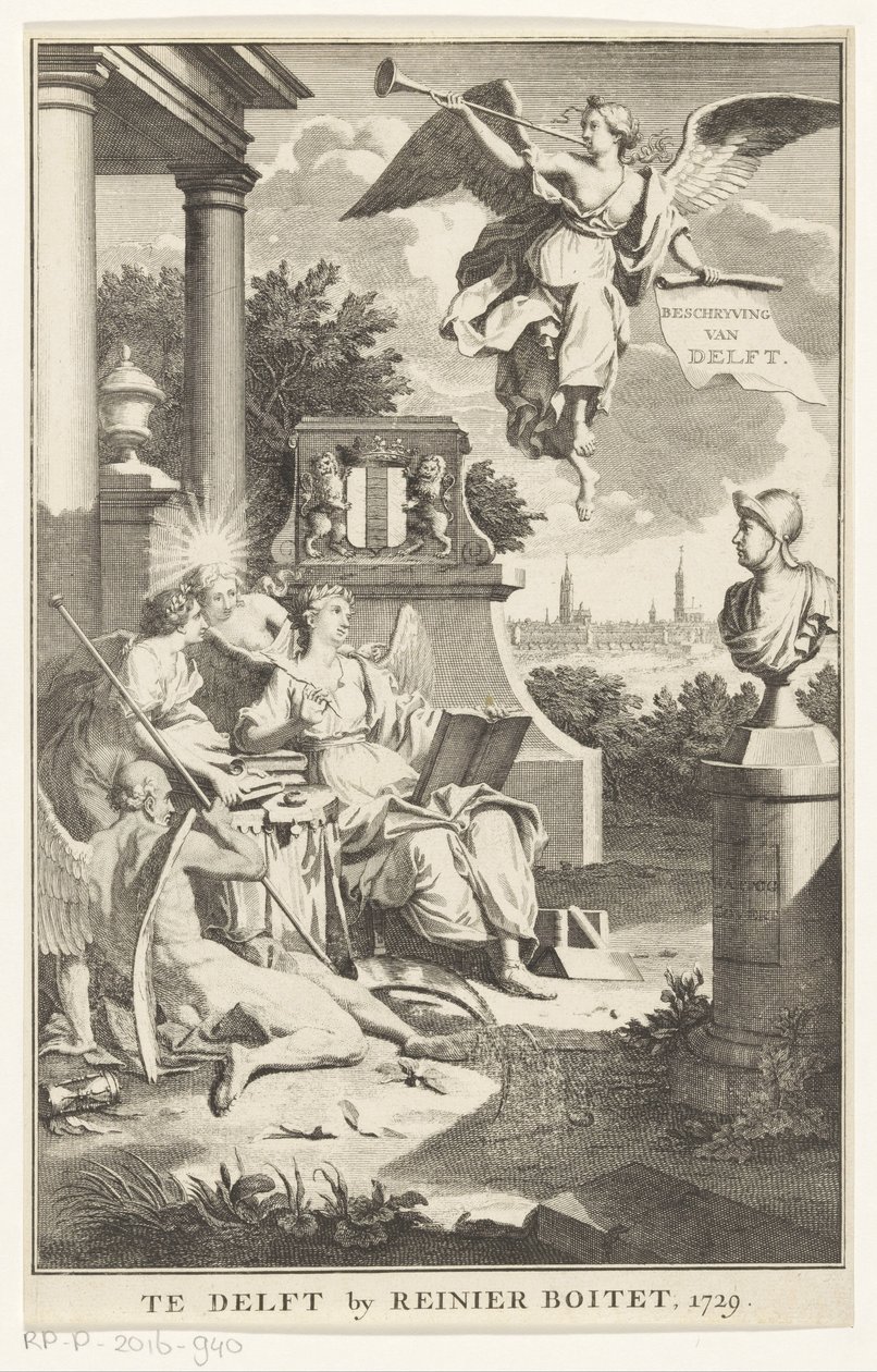 Allegori af Delft Beskrivelse af Delft (titel på objekt) Titelblad for: S.n., Beschryving der stadt Delft, 1729 af Anonymous