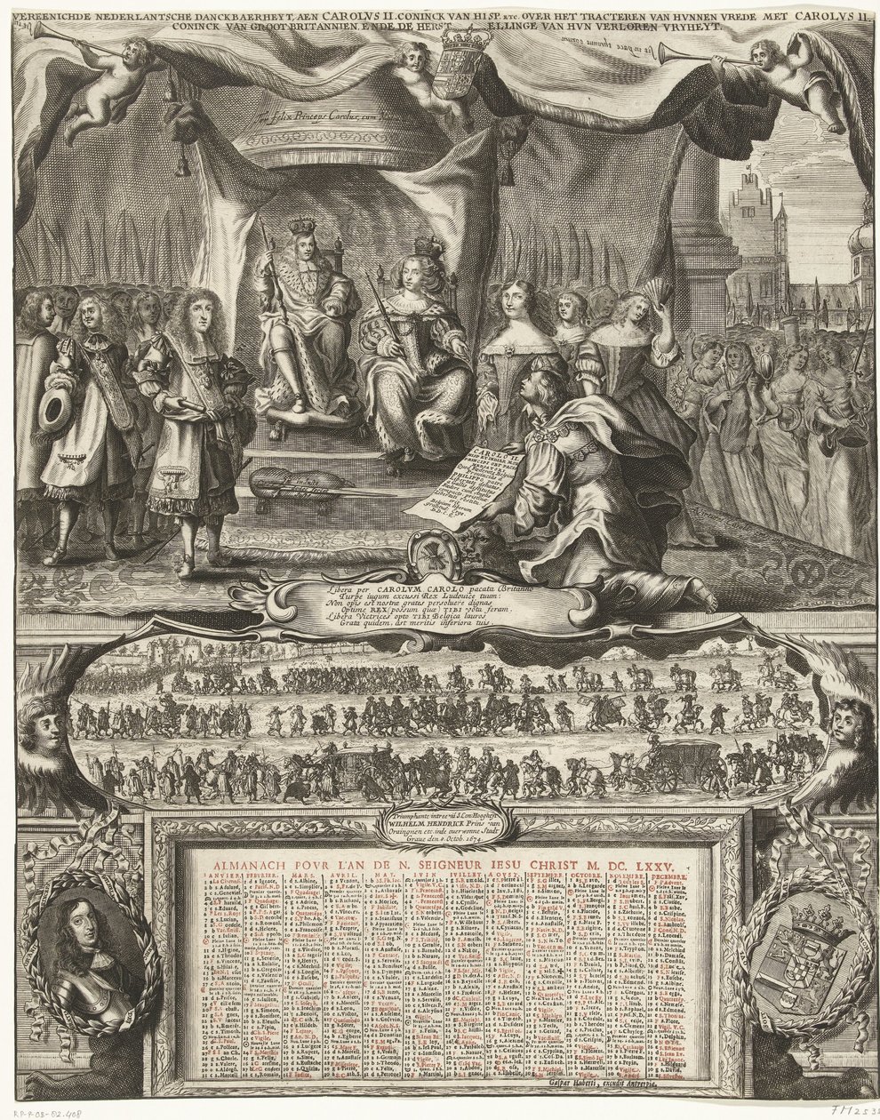 Allegori om freden med England i 1674 og almanakken for året 1675 Vereenichde Nederlantsche danckbaerheyt, aen Carolus II. Coninck van Hisp. osv. om deres fredsslutning med Karl II. Coninck af Storbritannien og restaureringen af Anonymous