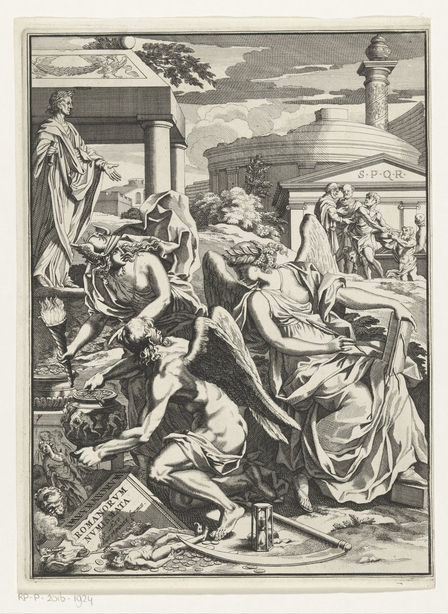 Allegorisk fremstilling med Historie, Fader Tid med en gryde med mønter Titelblad for: Carl Patin, Imperatorum romanorum numismata, s.a. af Anonymous