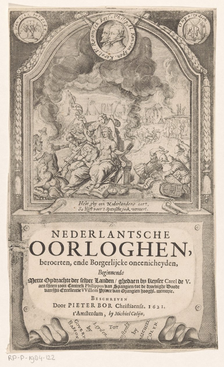 Allegorisk fremstilling med spansk inkvisition, frihed og sandhed Titelside for: Pieter Bor, hollandske krige, 1621 af Anonymous