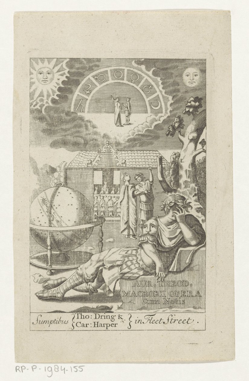 Ambrosius Theodosius Macrobius leunend op steen ved siden af ​​kloden Guld Theod. Macrobius Opera Cum Notis (titel på objekt) Titelside for: Ambrosius Theodosius Macrobius, Aur. Theodosius Macrobius V. Cl. & Illustriøse Værker, 1694 af Anonymous