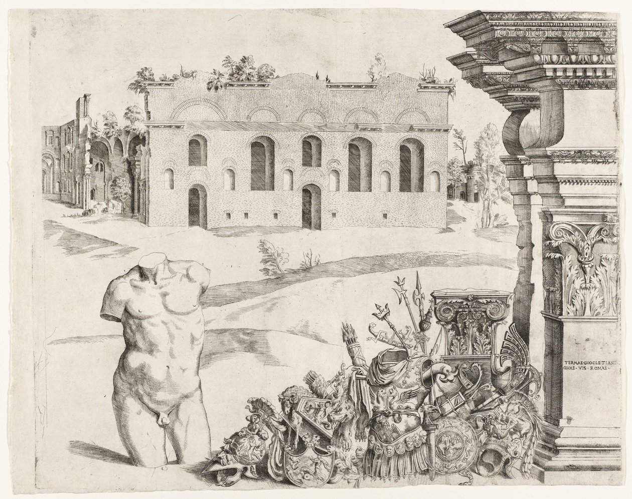 Arkitektur capriccio med spolia, en mandlig torso og udsigt over Diocletians bade af Anonymous