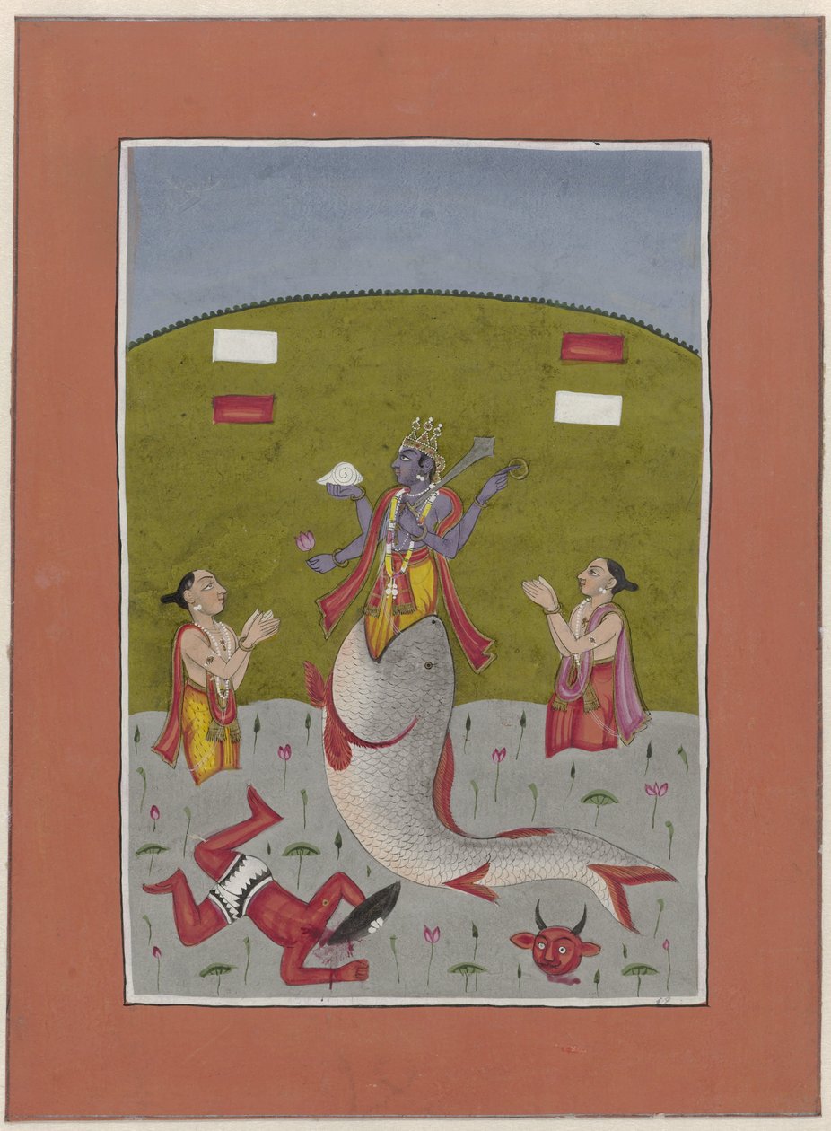 Avatar af Vishnu dukker op fra munden på en fisk Avatars of Vishnu (serietitel) af Anonymous