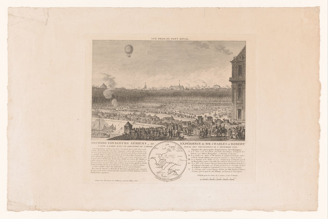 Ballonvlucht af heren Charles og Robert van Parijs til Beaumont, set fra de Tuilleriën, 1. december 1783 Second Air Traveler, eller erfaring med MM. Charles og Robert, lavet i Paris i parterren i Tuilleriernes kongehave den 1. december af Anonymous