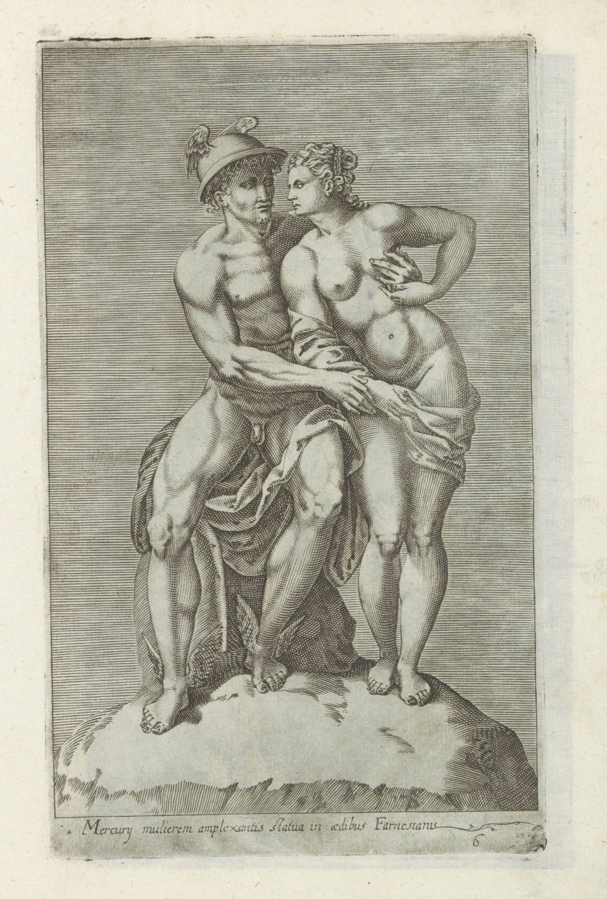 Billedgruppe met Mercurius en en godin Statue af Merkur, der omfavner en kvinde i det farnesiske palads (titel på objekt) Antikke skulpturer i Rom (serietitel) Ikoner af de gamle statuer af byen Rom, som ses på offentlige steder (serietitel) af Anonymous