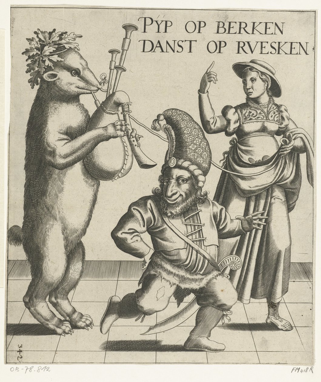 Bjørn med sækkepiber Pyp på birkes / Danser på ruesken (titel på objekt) af Anonymous