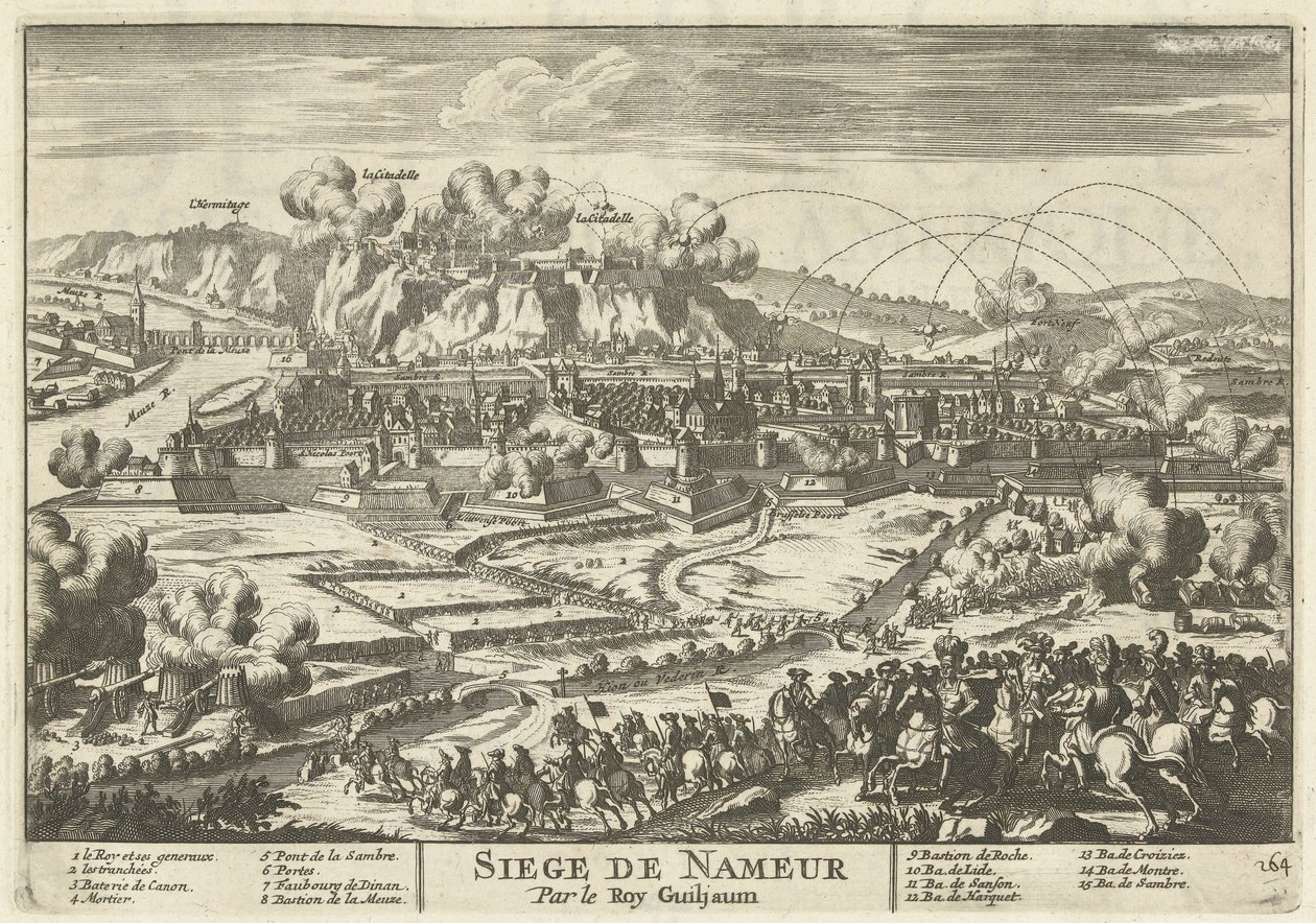 Beleg van Namen af ​​koning Willem III, 1695 Siege de Nameur af Roy Guiljaum (titel på objekt) Europas, Asiens, Afrikas og Amerikas styrker (...) Som også kortene over Frankrigs og Spaniens kyster (serietitel på objekt) af Anonymous