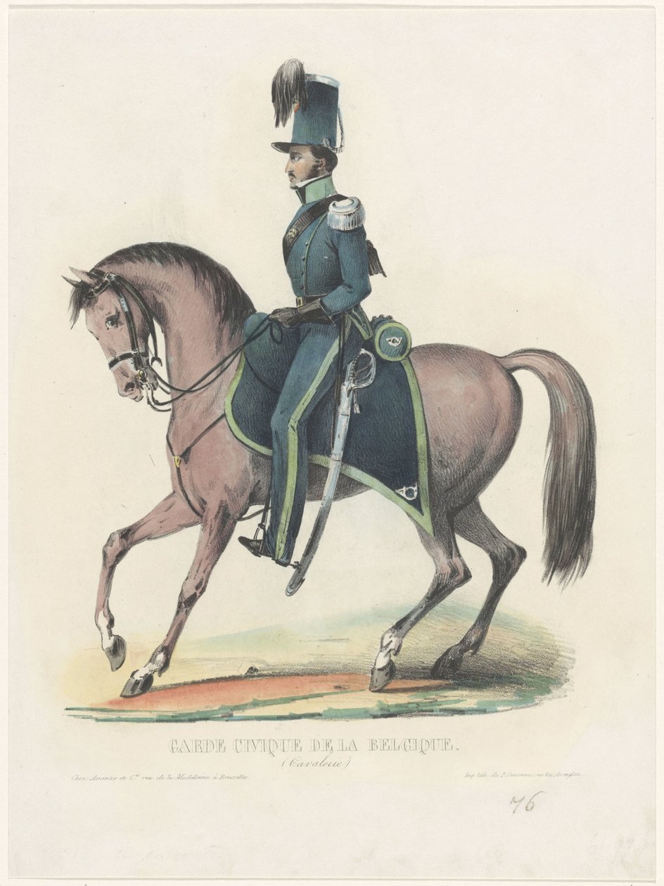 Belgisk vigilante til hest, 1830 Garde Civique de la Belgique (Kavaleri) (titel på objektet) af Anonymous