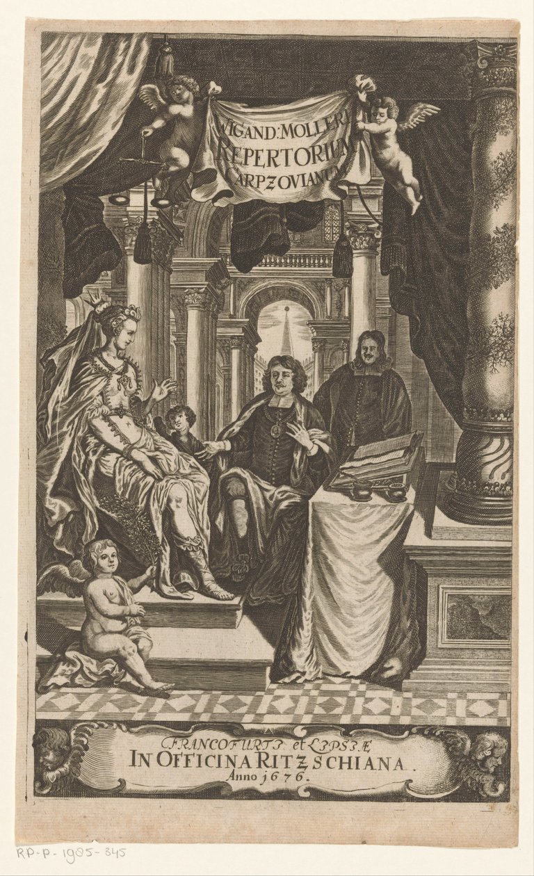 Benedikt Carpzov ved tronende koningin Wigand Møllers Carpzovian Repertory (titel på objekt) Titelside for: Wigand Möller, Repertorium rerum, verborum, et notablem, 1676 af Anonymous