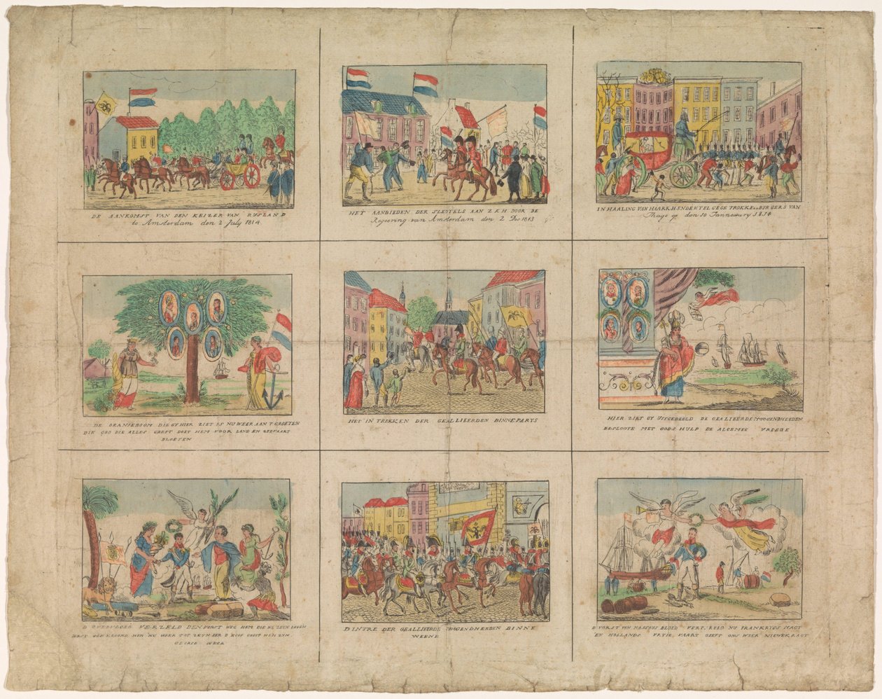 Ark med 9 fremstillinger af historiske begivenheder i årene 1813-1814 (titel på objekt) af Anonymous