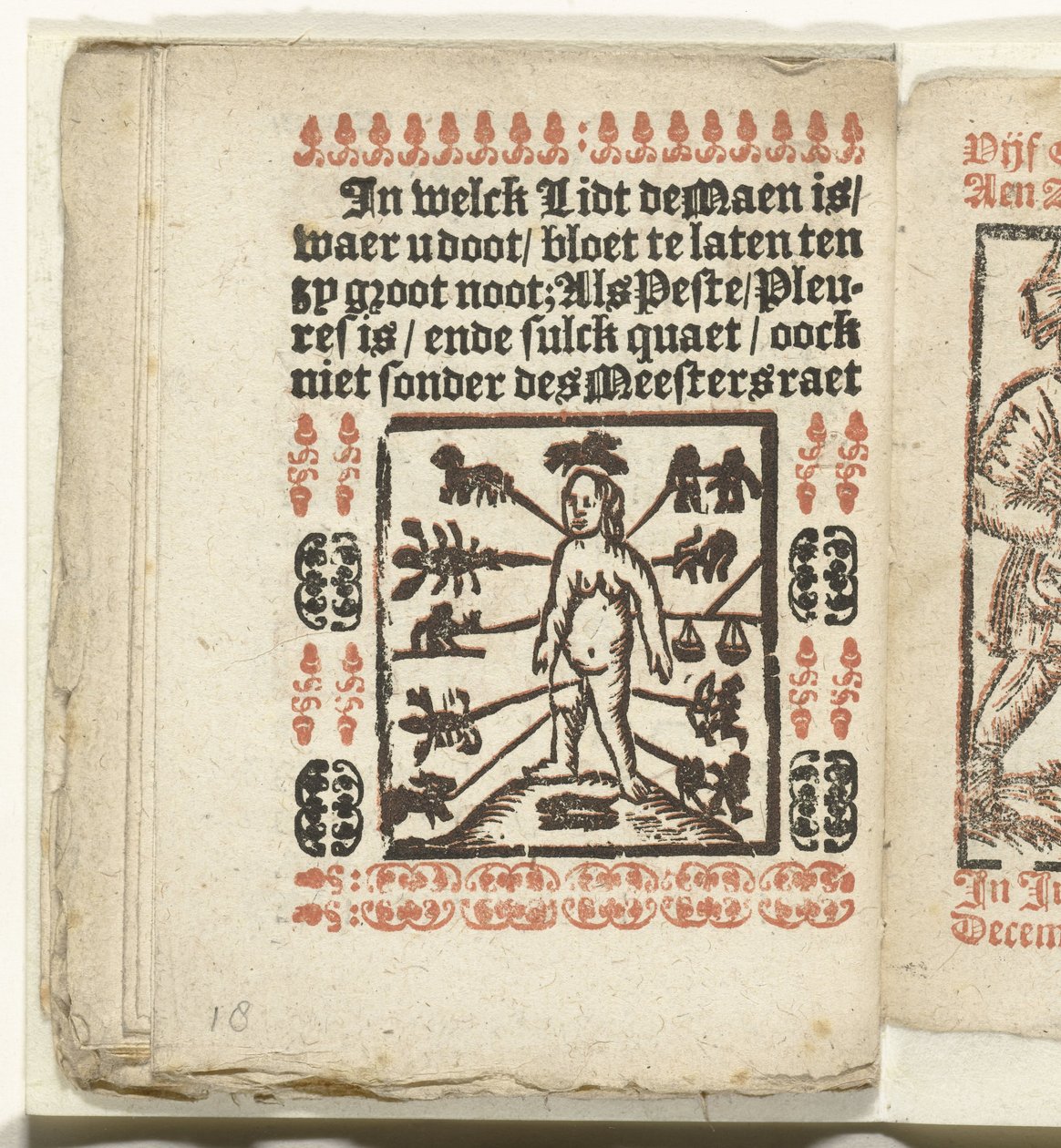 Side med steder på den menneskelige krop til blodavl, 1712 I hvilken Lidt de Maen er / hvor du dør / forlader nøgen, medmindre det er stor note; Als Peste / Pleures is / ende sulck quaet / oock ikke sonder des Meestersraet (titel på objekt) af Anonymous