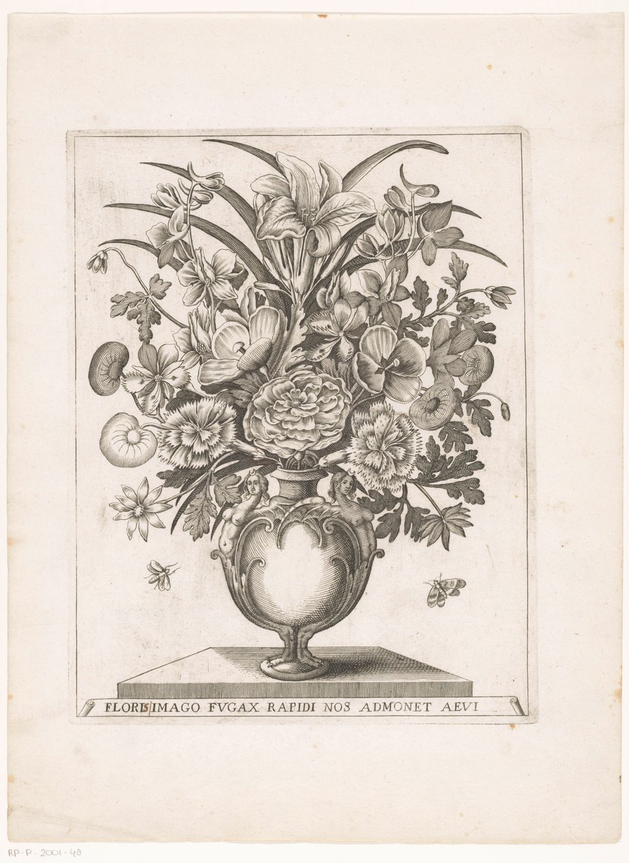 Bloemen in vaas met halffiguren BILLEDET AF BLOMSTER, DER BLINKER, MINDER OS HURTIG OM ALDER (titel på objekt) af Anonymous